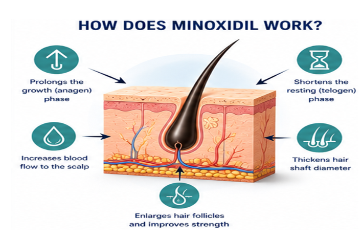 Infographic showing how minoxidil works: prolongs the anagen growth phase, shortens the telogen resting phase, increases blood flow to the scalp, thickens hair shaft diameter and enlarges hair follicles